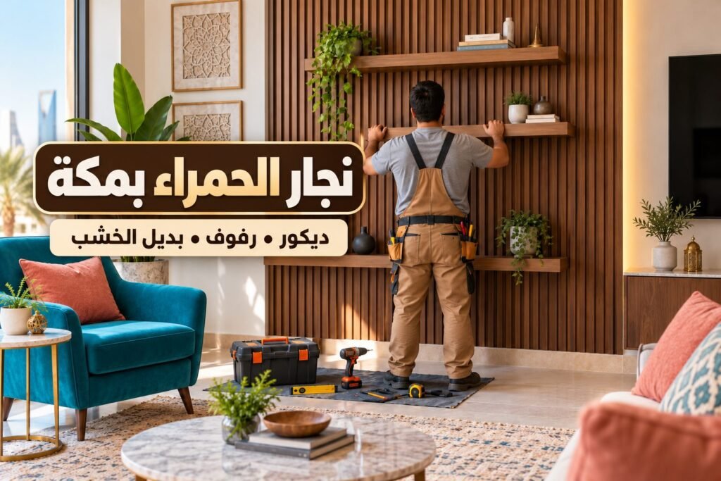 نجار الحمراء بمكة — تركيب رفوف وديكور خشبي